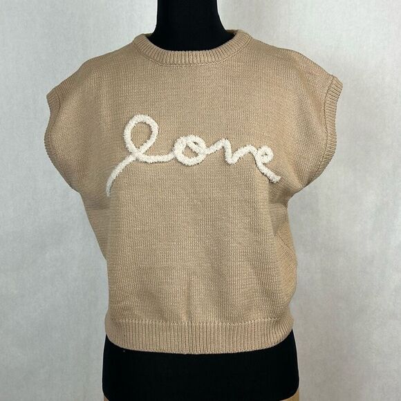 NEW mittoshop LOVE Sweater Vest Sz Medium Tan Sleeveless Knit - Picture 1 of 6